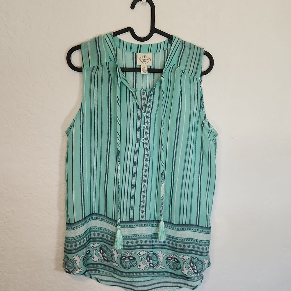 St. John's Bay Green Blue Striped Tunic Blouse Sleeveless M‎ Rayon Polyester
